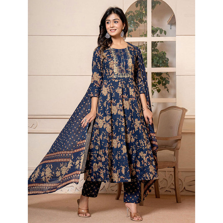 Yufta Cotton Navy Blue Anarkali Kurta and Trousers with Dupatta (Set of 3)