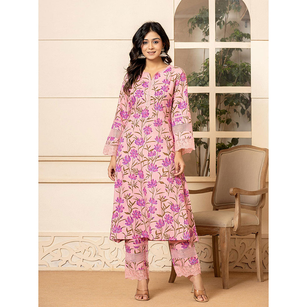 Yufta Pink Cotton Straight Pakistani Style Kurta and Pants (Set of 2)