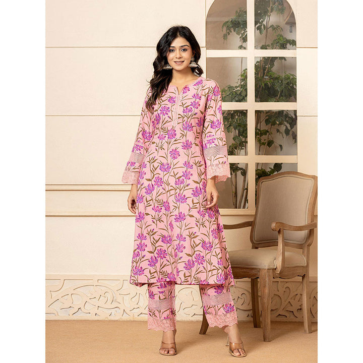 Yufta Pink Cotton Straight Pakistani Style Kurta and Pants (Set of 2)