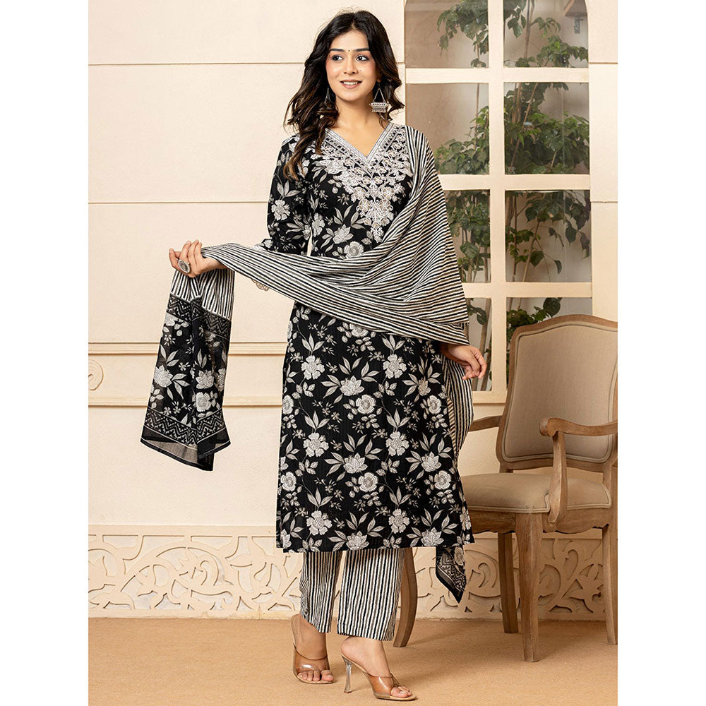 Yufta Black Embroidered Kurta and Pants with Dupatta (Set of 3)