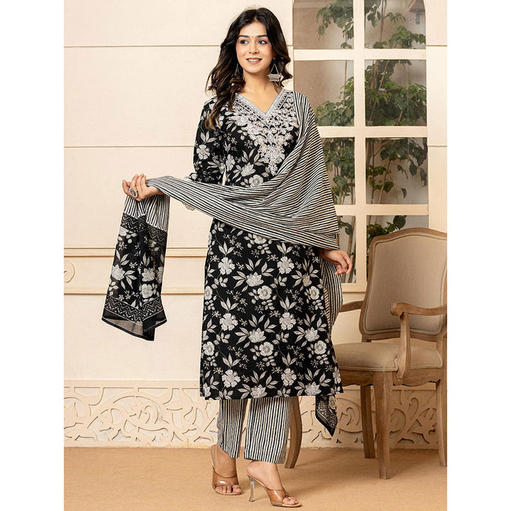 Yufta Black Embroidered Kurta and Pants with Dupatta (Set of 3)