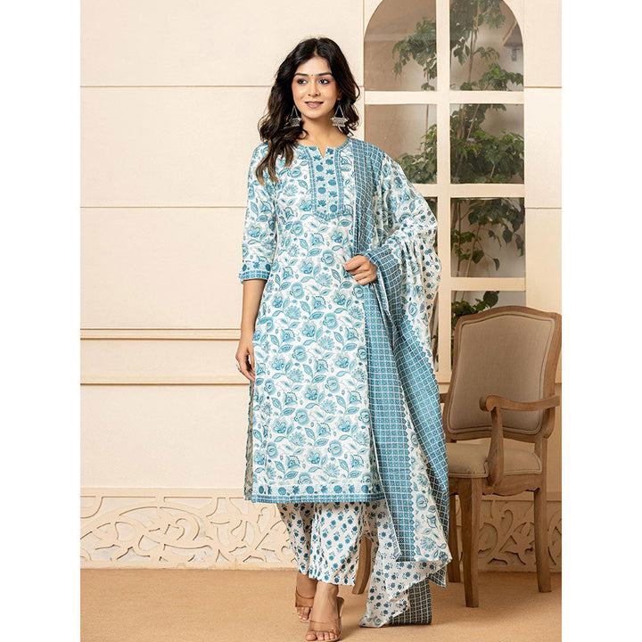 Yufta White Blue Floral Print Beads Cotton Kurta and Pants with Dupatta (Set of 3)