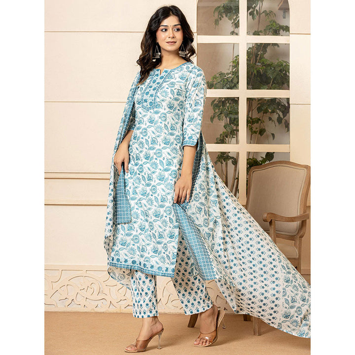 Yufta White Blue Floral Print Beads Cotton Kurta and Pants with Dupatta (Set of 3)