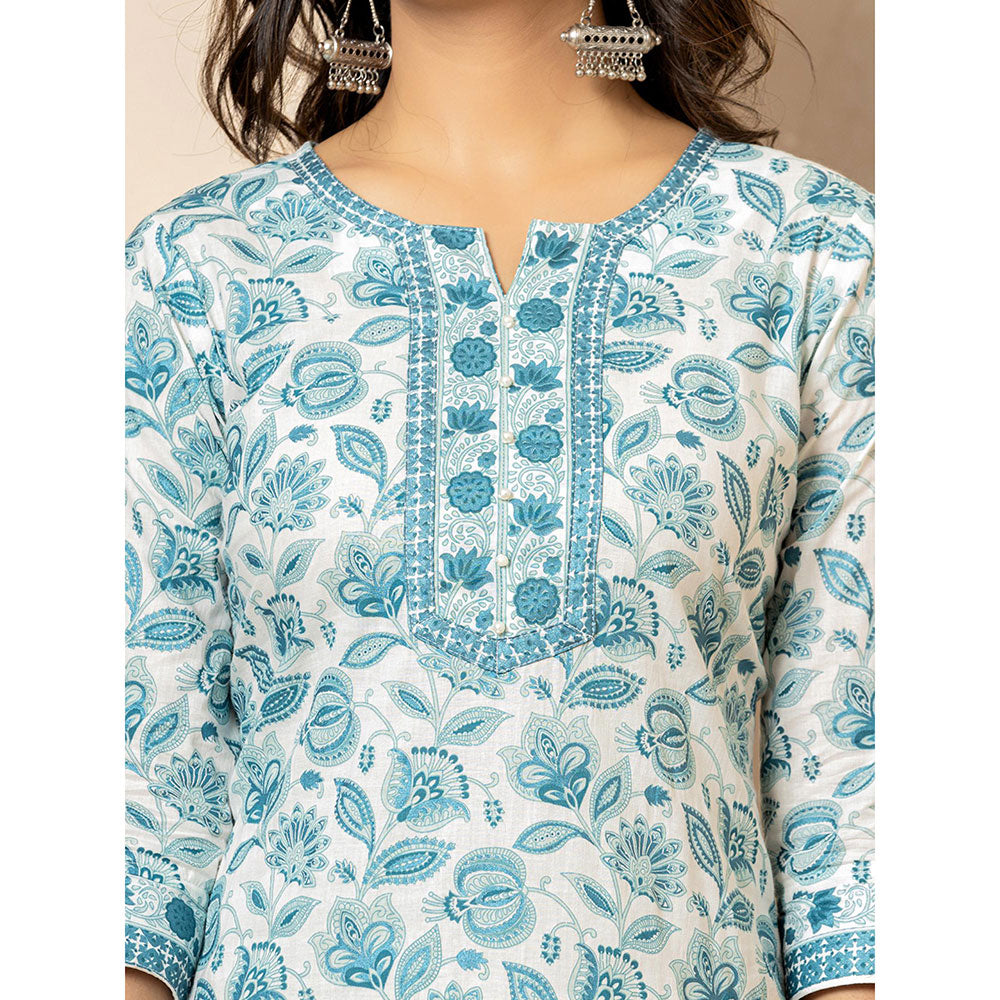 Yufta White Blue Floral Print Beads Cotton Kurta and Pants with Dupatta (Set of 3)