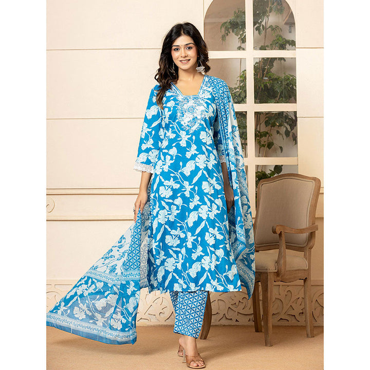 Yufta Blue Embroidery Cotton Straight Kurta and Pants with Dupatta (Set of 3)