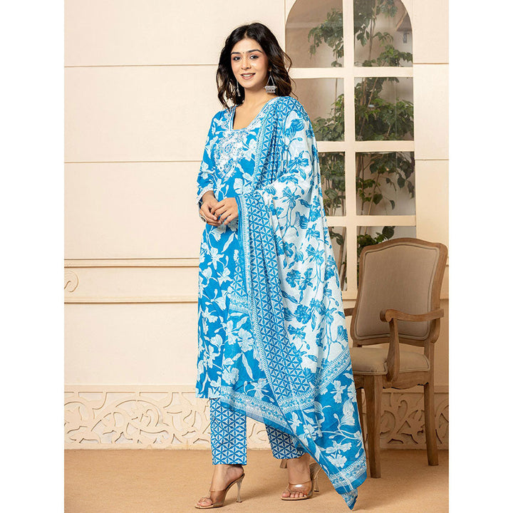 Yufta Blue Embroidery Cotton Straight Kurta and Pants with Dupatta (Set of 3)