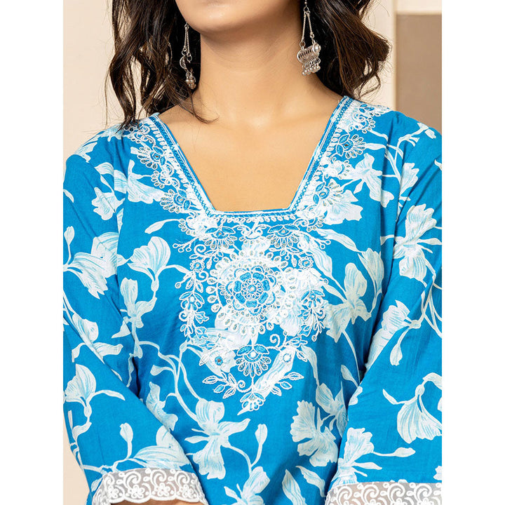 Yufta Blue Embroidery Cotton Straight Kurta and Pants with Dupatta (Set of 3)