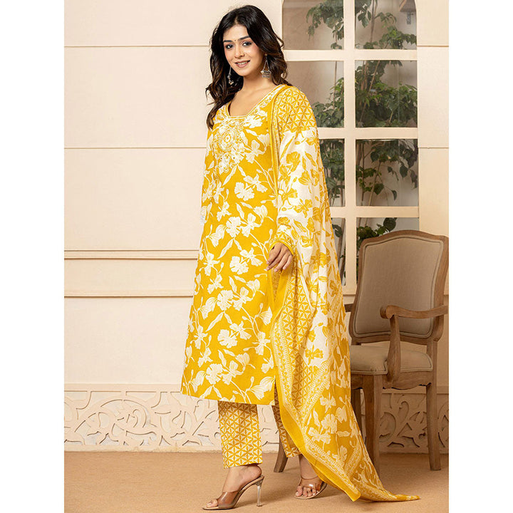 Yufta Mustard Embroidery Cotton Straight Kurta and Pants with Dupatta (Set of 3)