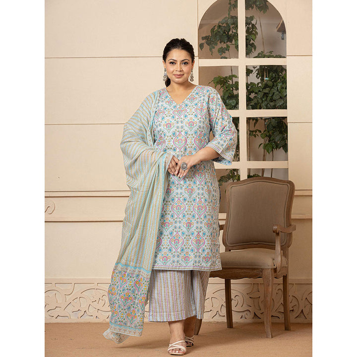 Yufta Sky Blue Straight Plus Size Kurta and Palazzo with Dupatta (Set of 3)