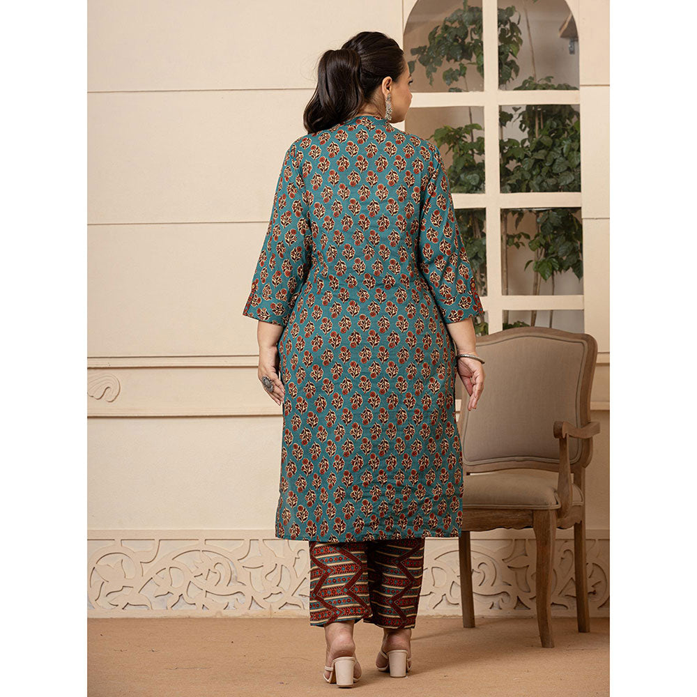 Yufta Floral Print Teal Blue Plus Size Kurta and Pants with Dupatta (Set of 3)