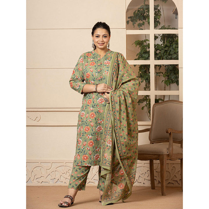 Yufta Cotton Green Floral Print Plus Size Kurta and Pants with Dupatta (Set of 3)