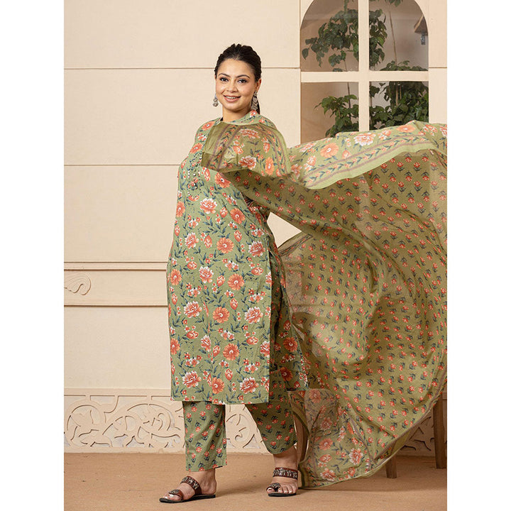 Yufta Cotton Green Floral Print Plus Size Kurta and Pants with Dupatta (Set of 3)