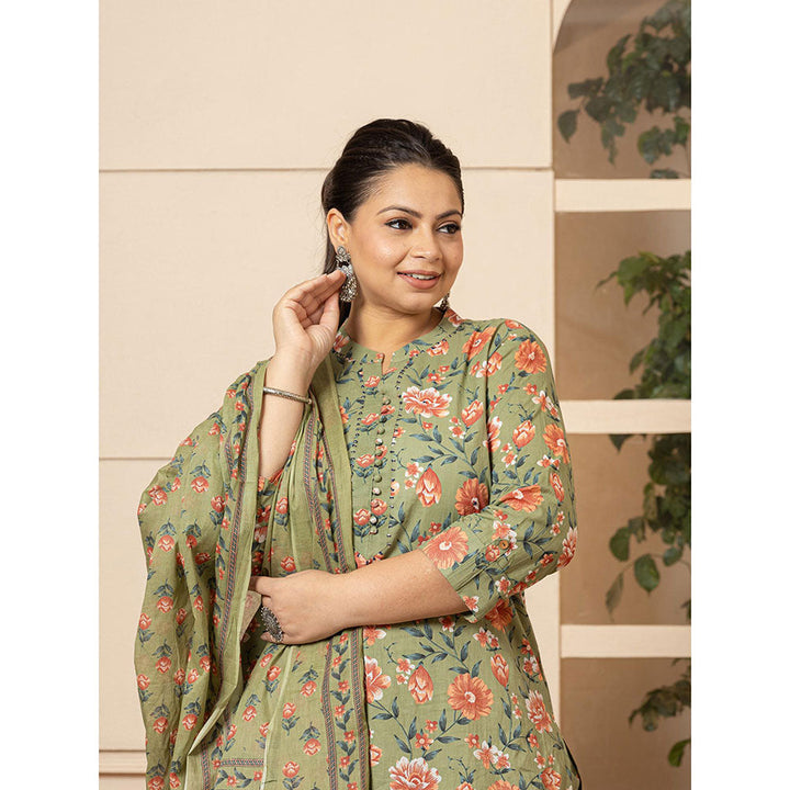 Yufta Cotton Green Floral Print Plus Size Kurta and Pants with Dupatta (Set of 3)