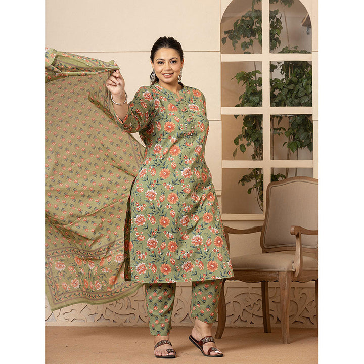 Yufta Cotton Green Floral Print Plus Size Kurta and Pants with Dupatta (Set of 3)