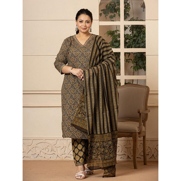 Yufta Cotton Olive Ethnic Motifs Plus Size Kurta and Pants with Dupatta (Set of 3)