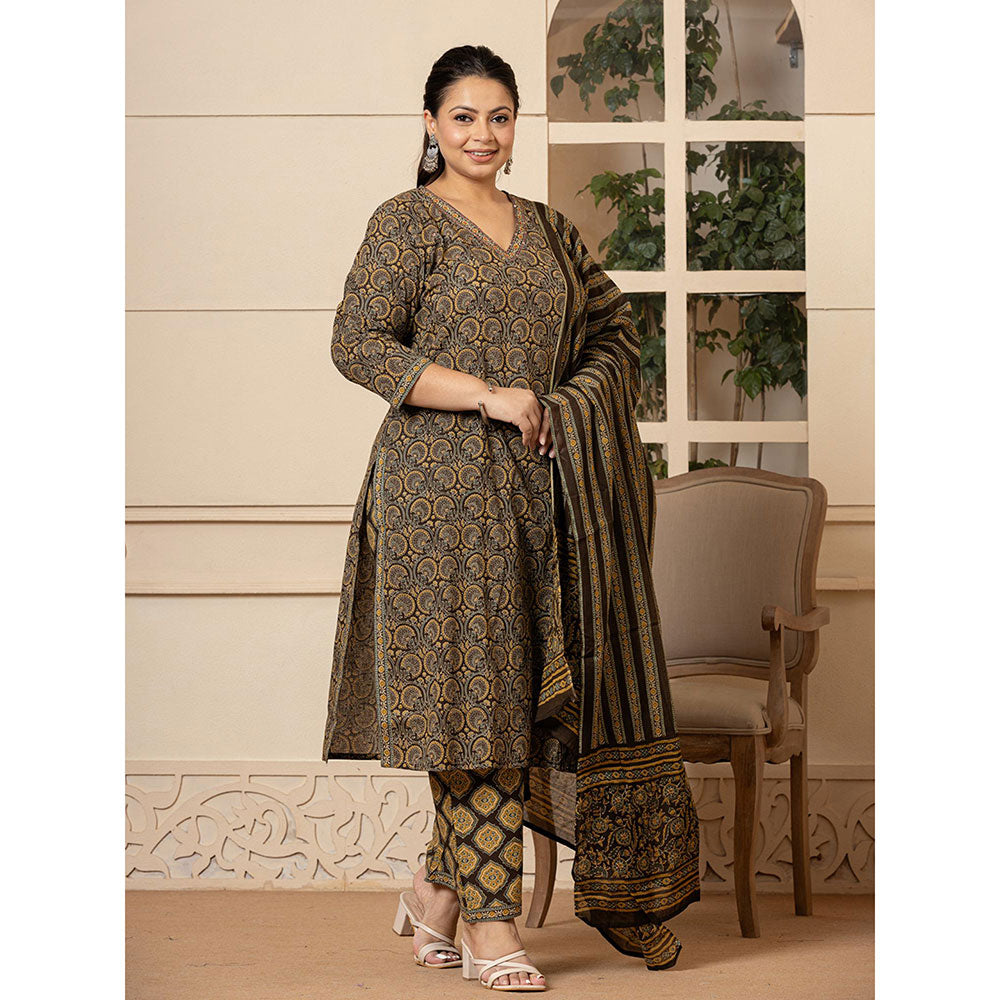 Yufta Cotton Olive Ethnic Motifs Plus Size Kurta and Pants with Dupatta (Set of 3)