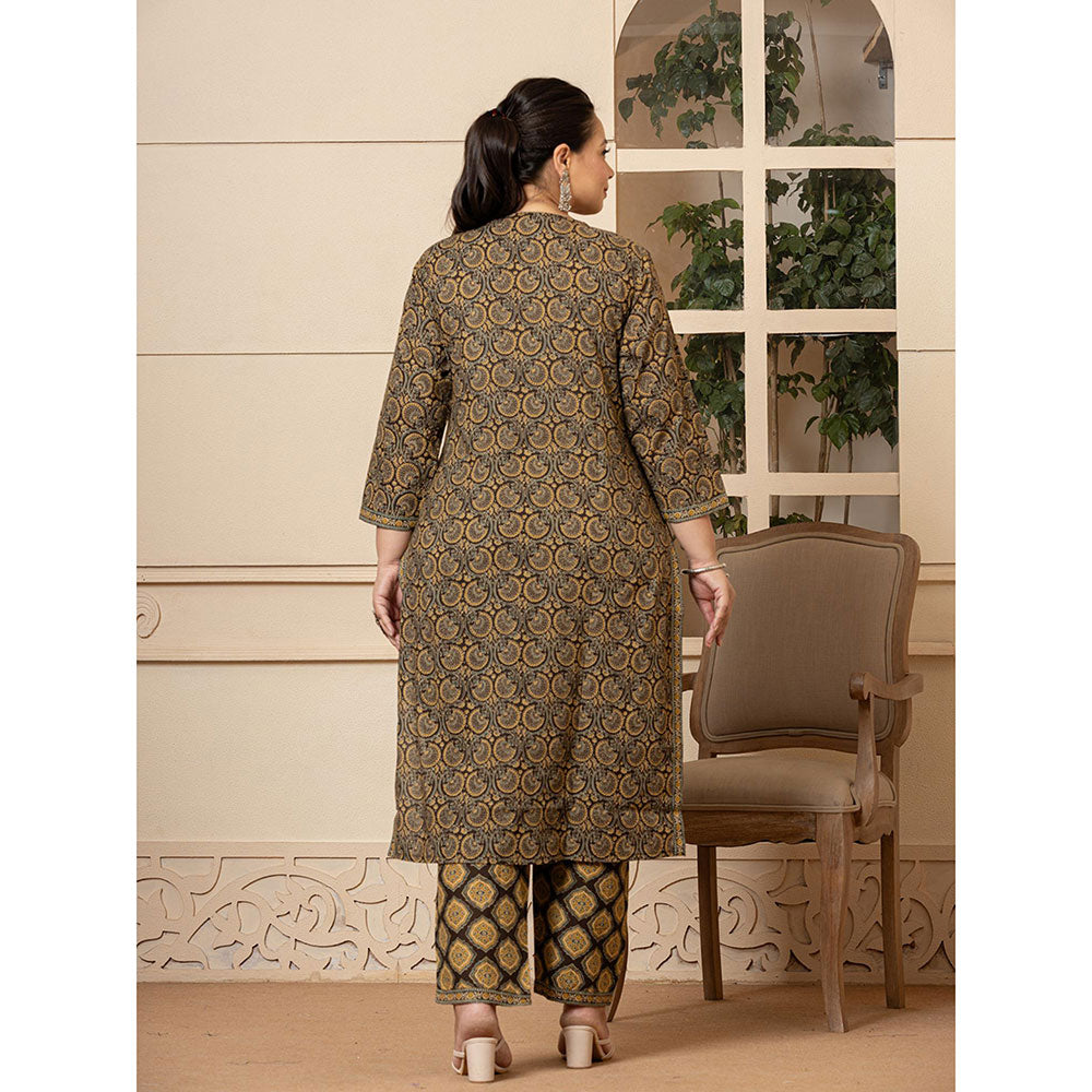 Yufta Cotton Olive Ethnic Motifs Plus Size Kurta and Pants with Dupatta (Set of 3)