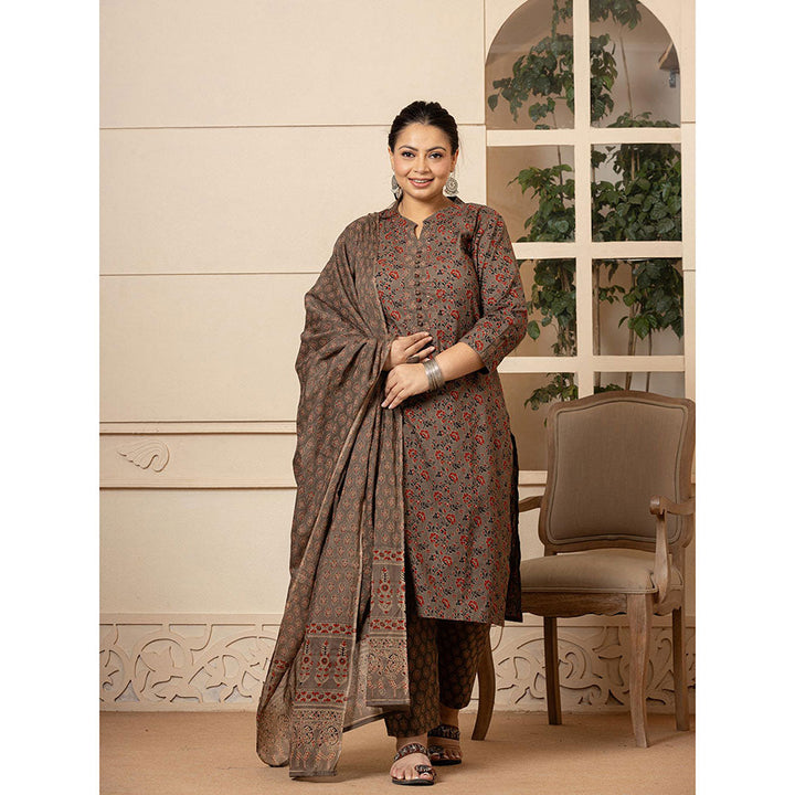 Yufta Cotton Brown Plus Size Kurta and Pants with Dupatta (Set of 3)