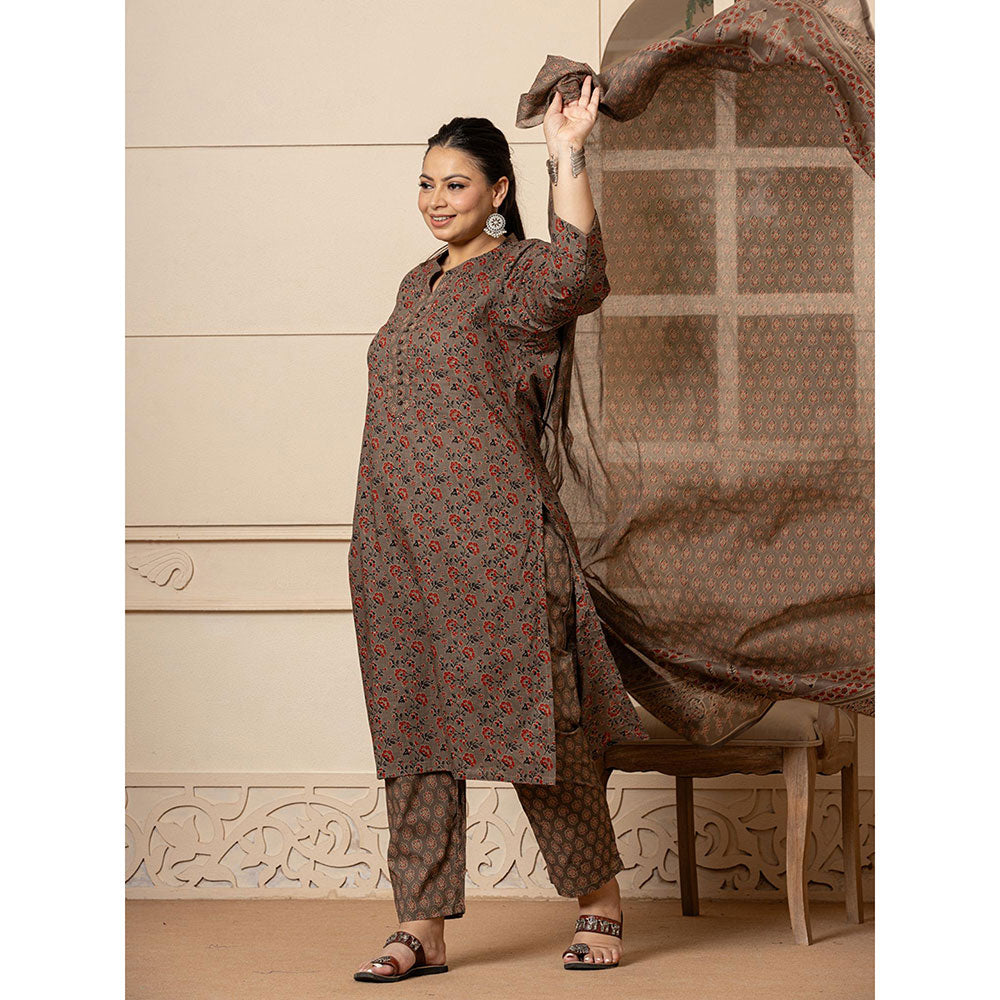 Yufta Cotton Brown Plus Size Kurta and Pants with Dupatta (Set of 3)