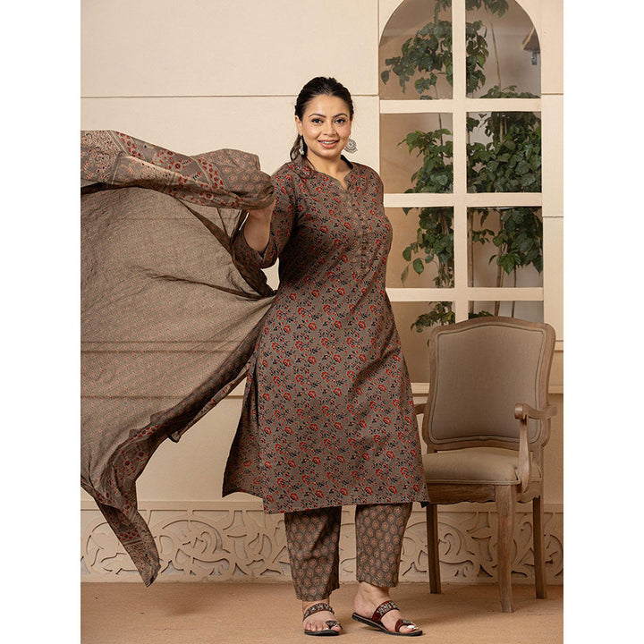 Yufta Cotton Brown Plus Size Kurta and Pants with Dupatta (Set of 3)