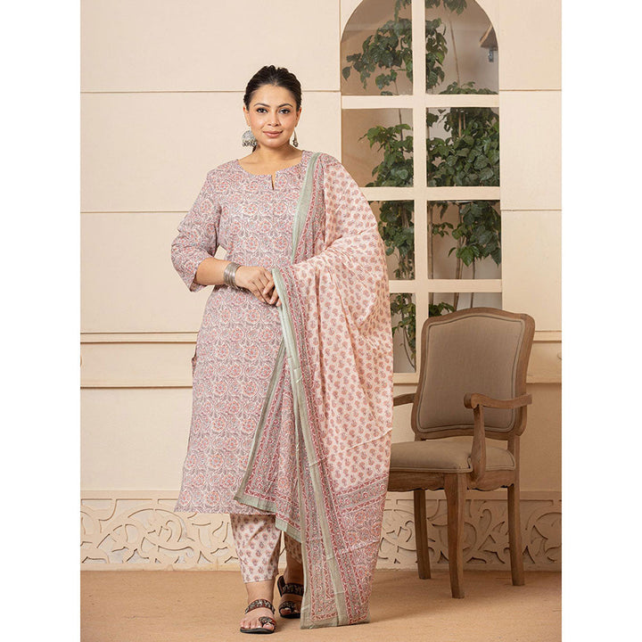 Yufta Cotton Pink Plus Size Piping Design Kurta and Pants with Dupatta (Set of 3)