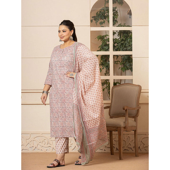 Yufta Cotton Pink Plus Size Piping Design Kurta and Pants with Dupatta (Set of 3)