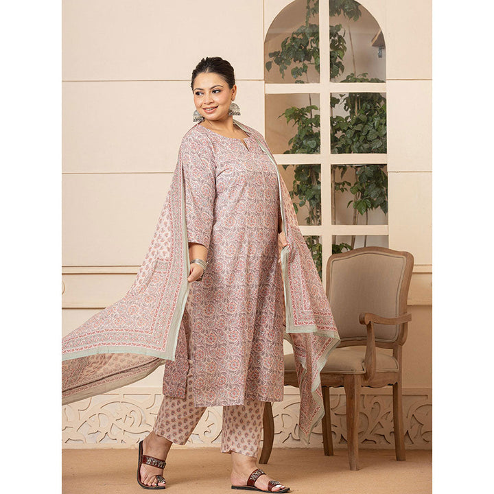 Yufta Cotton Pink Plus Size Piping Design Kurta and Pants with Dupatta (Set of 3)