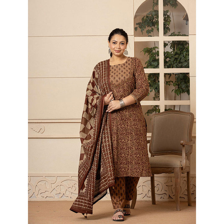 Yufta Cotton Brown Kantha Work Plus Size Kurta and Pants with Dupatta (Set of 3)