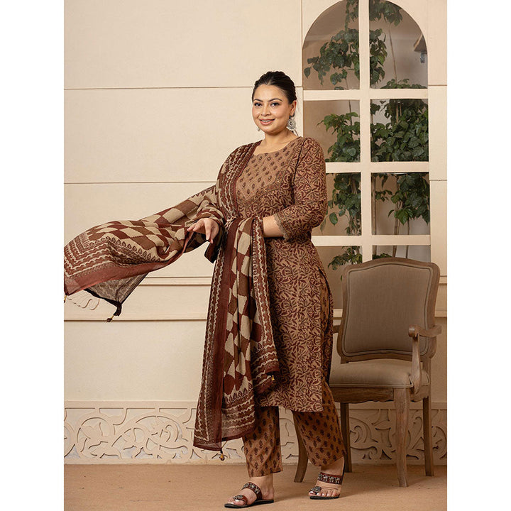 Yufta Cotton Brown Kantha Work Plus Size Kurta and Pants with Dupatta (Set of 3)