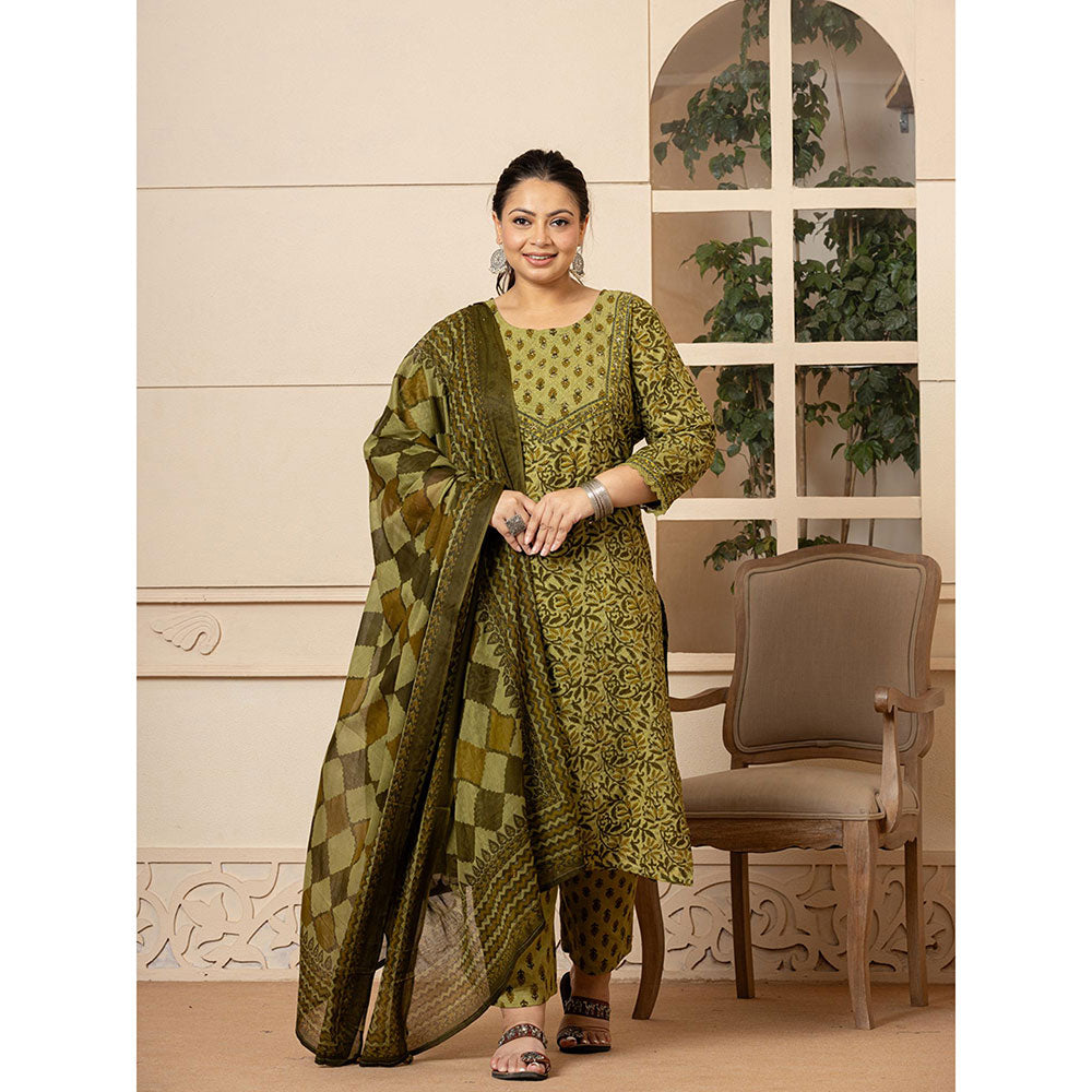 Yufta Cotton Green Kantha Work Plus Size Kurta and Pants with Dupatta (Set of 3)