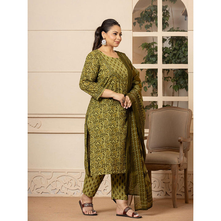 Yufta Cotton Green Kantha Work Plus Size Kurta and Pants with Dupatta (Set of 3)