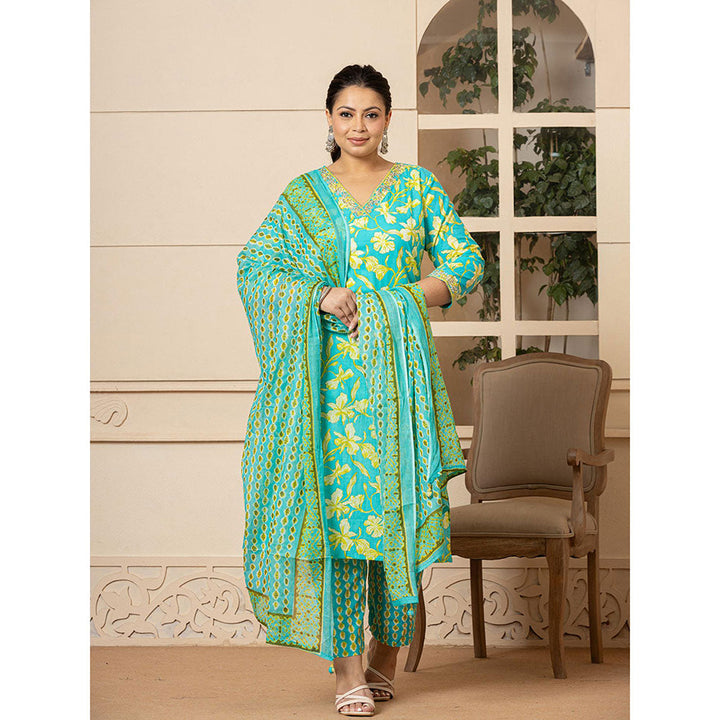 Yufta Cotton Green Plus Size Kurta and Pants with Dupatta (Set of 3)