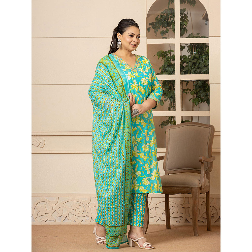 Yufta Cotton Green Plus Size Kurta and Pants with Dupatta (Set of 3)