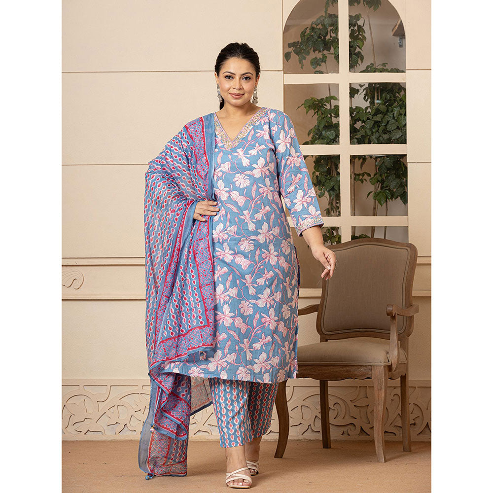 Yufta Cotton Blue Plus Size Kurta and Pants with Dupatta (Set of 3)