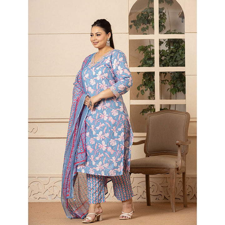 Yufta Cotton Blue Plus Size Kurta and Pants with Dupatta (Set of 3)