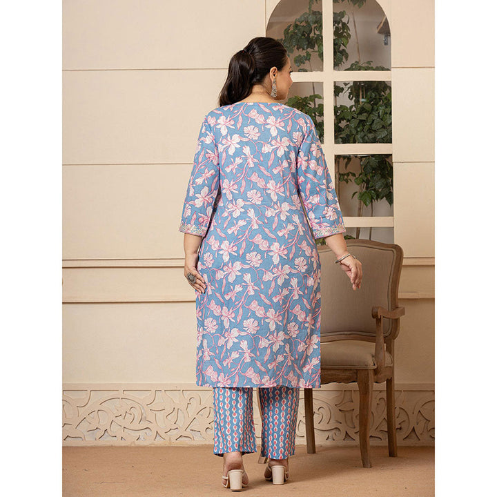 Yufta Cotton Blue Plus Size Kurta and Pants with Dupatta (Set of 3)