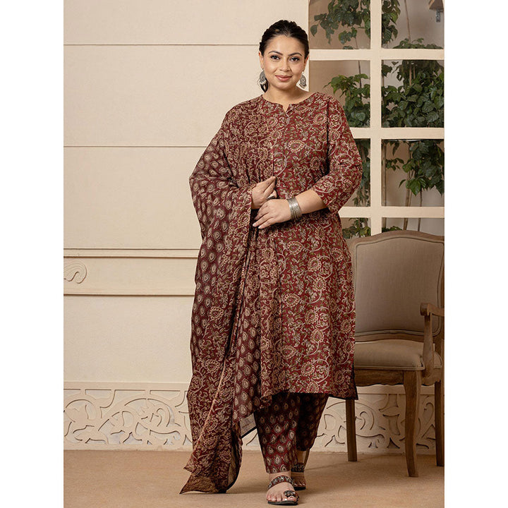 Yufta Cotton Maroon Plus Size Kurta and Pants with Dupatta (Set of 3)