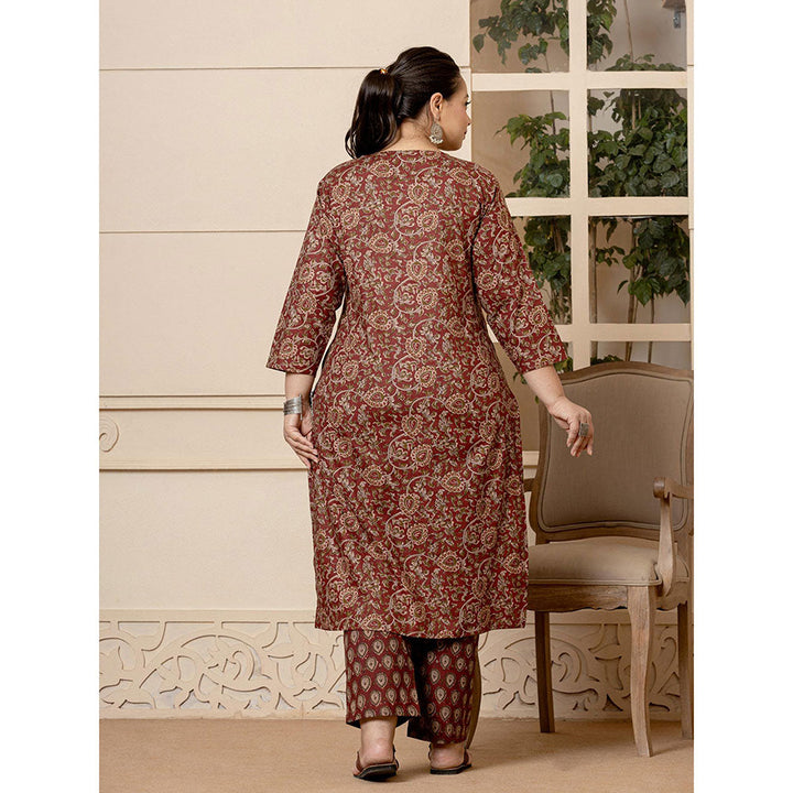 Yufta Cotton Maroon Plus Size Kurta and Pants with Dupatta (Set of 3)