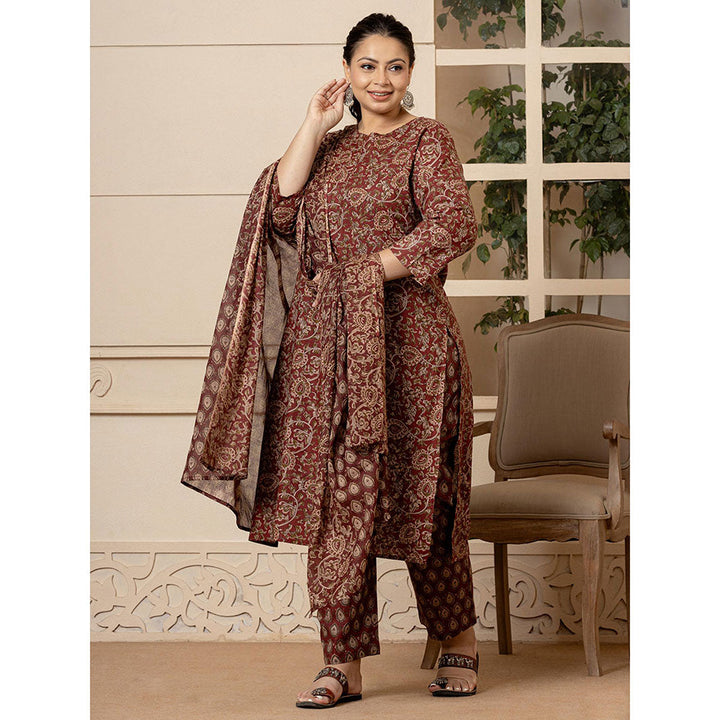 Yufta Cotton Maroon Plus Size Kurta and Pants with Dupatta (Set of 3)