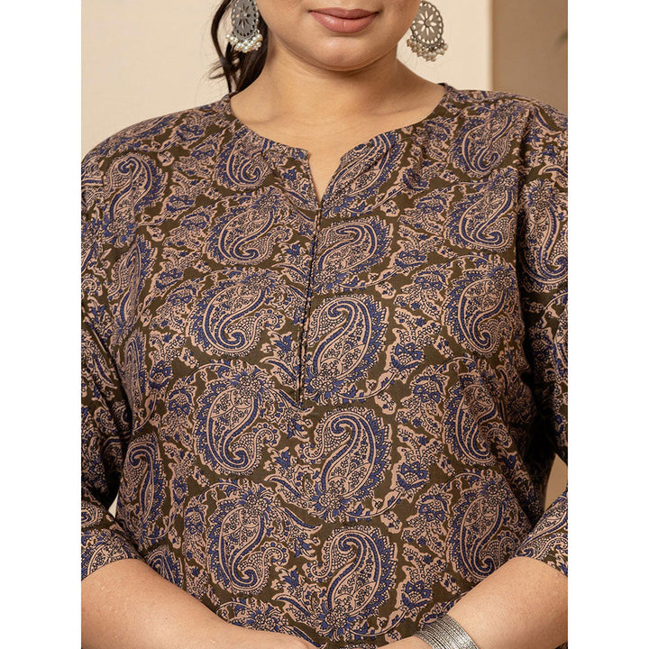 Yufta Cotton Blue Paisley Print Plus Size Kurta and Pants with Dupatta (Set of 3)