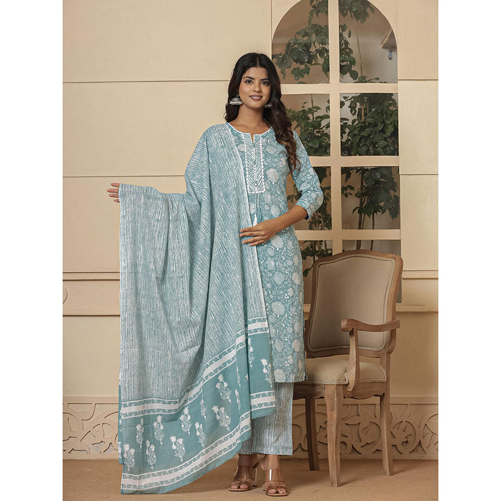 Yufta Sea Green Sequins Work Straight Kurta and Pants with Dupatta (Set of 3)