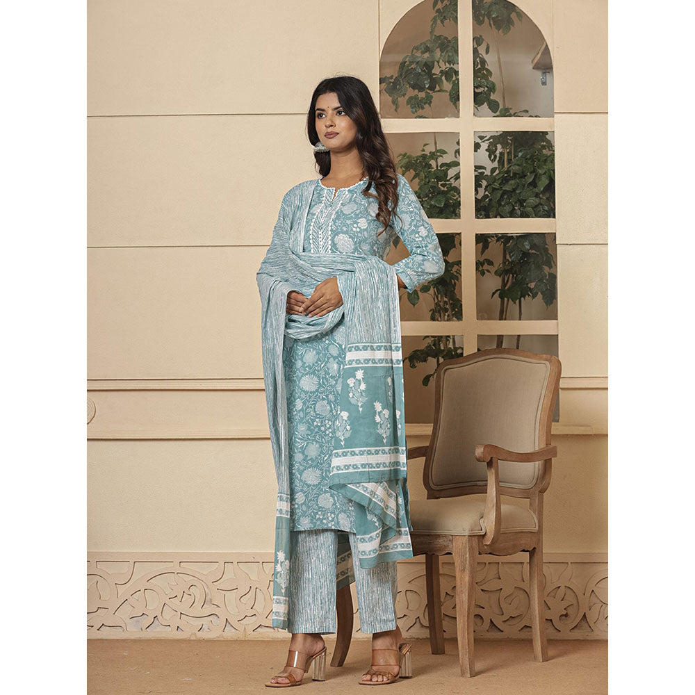 Yufta Sea Green Sequins Work Straight Kurta and Pants with Dupatta (Set of 3)