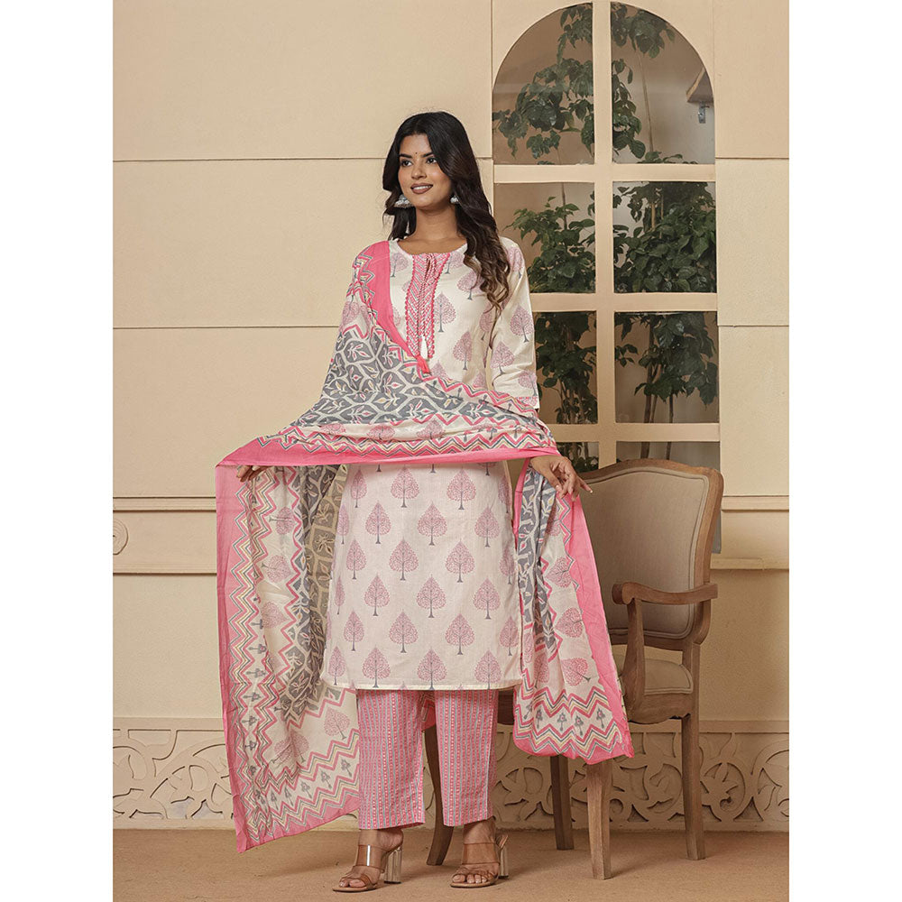 Yufta Cotton Pink & White Kurta and Pants with Dupatta (Set of 3)