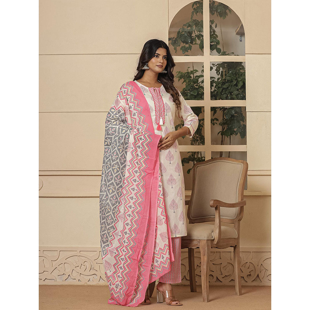 Yufta Cotton Pink & White Kurta and Pants with Dupatta (Set of 3)