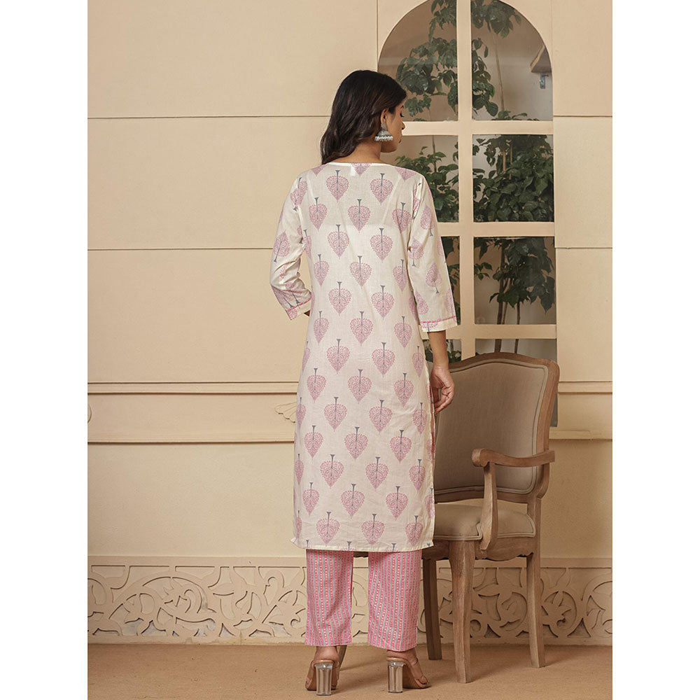 Yufta Cotton Pink & White Kurta and Pants with Dupatta (Set of 3)