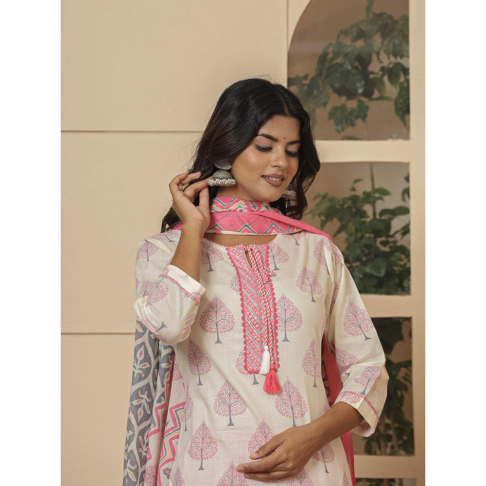 Yufta Cotton Pink & White Kurta and Pants with Dupatta (Set of 3)