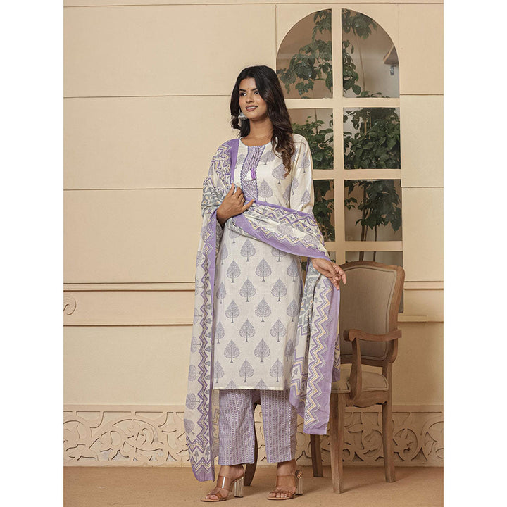 Yufta Cotton Purple & White Kurta and Pants with Dupatta (Set of 3)