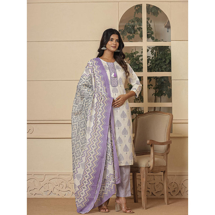 Yufta Cotton Purple & White Kurta and Pants with Dupatta (Set of 3)