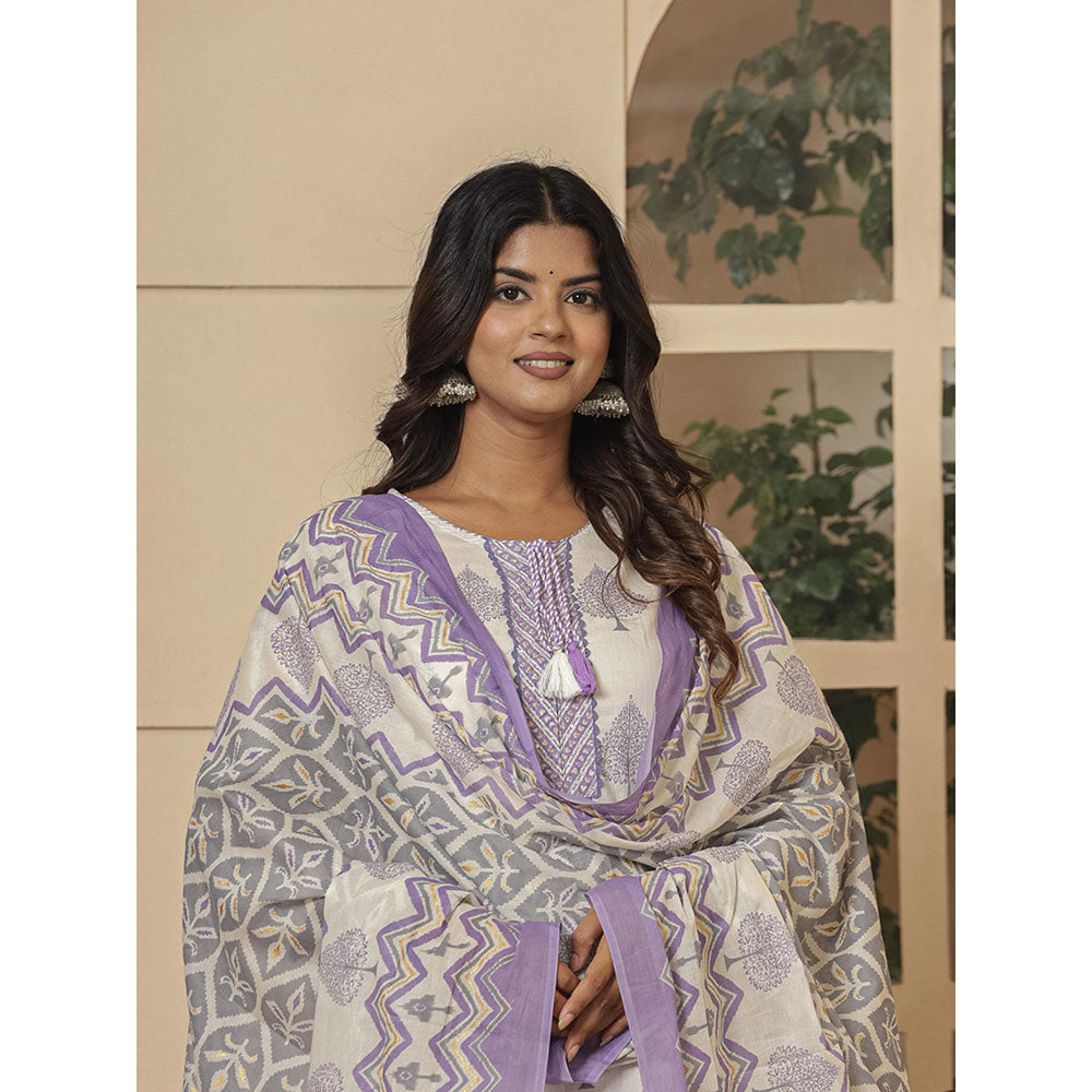 Yufta Cotton Purple & White Kurta and Pants with Dupatta (Set of 3)