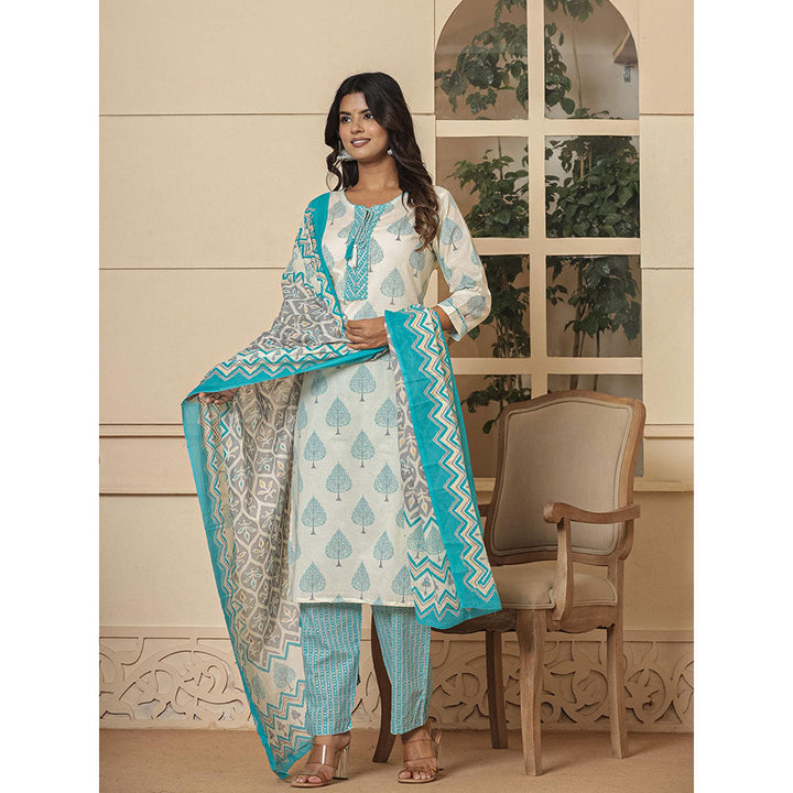 Yufta Cotton Turquoise Blue & White Kurta and Pants with Dupatta (Set of 3)